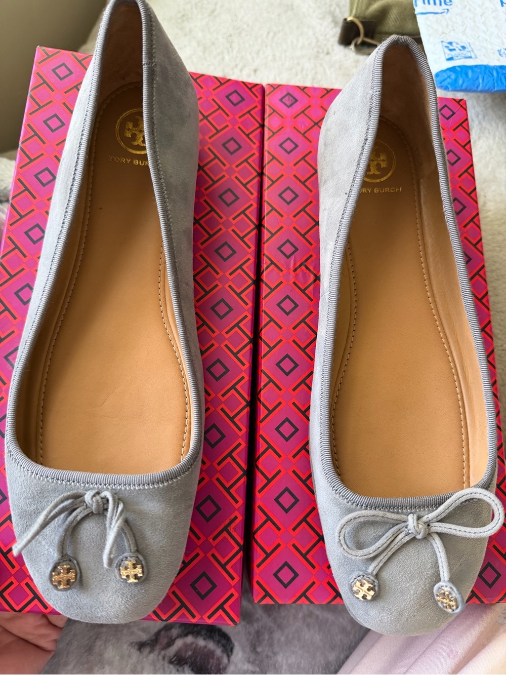 Tory Burch Light Gray Suede Ballet Flats with Logo Charms